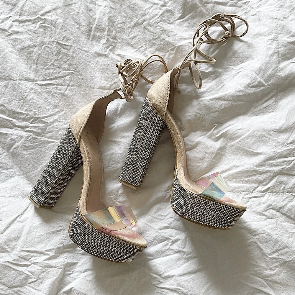 👡Nude Strappy Tie-Up Rhinestone Chunky Block Heel by Cathy Din
